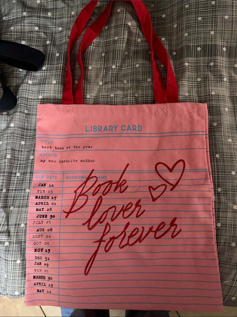 Pink "Book Lover Forever" Library Card Tote Bag